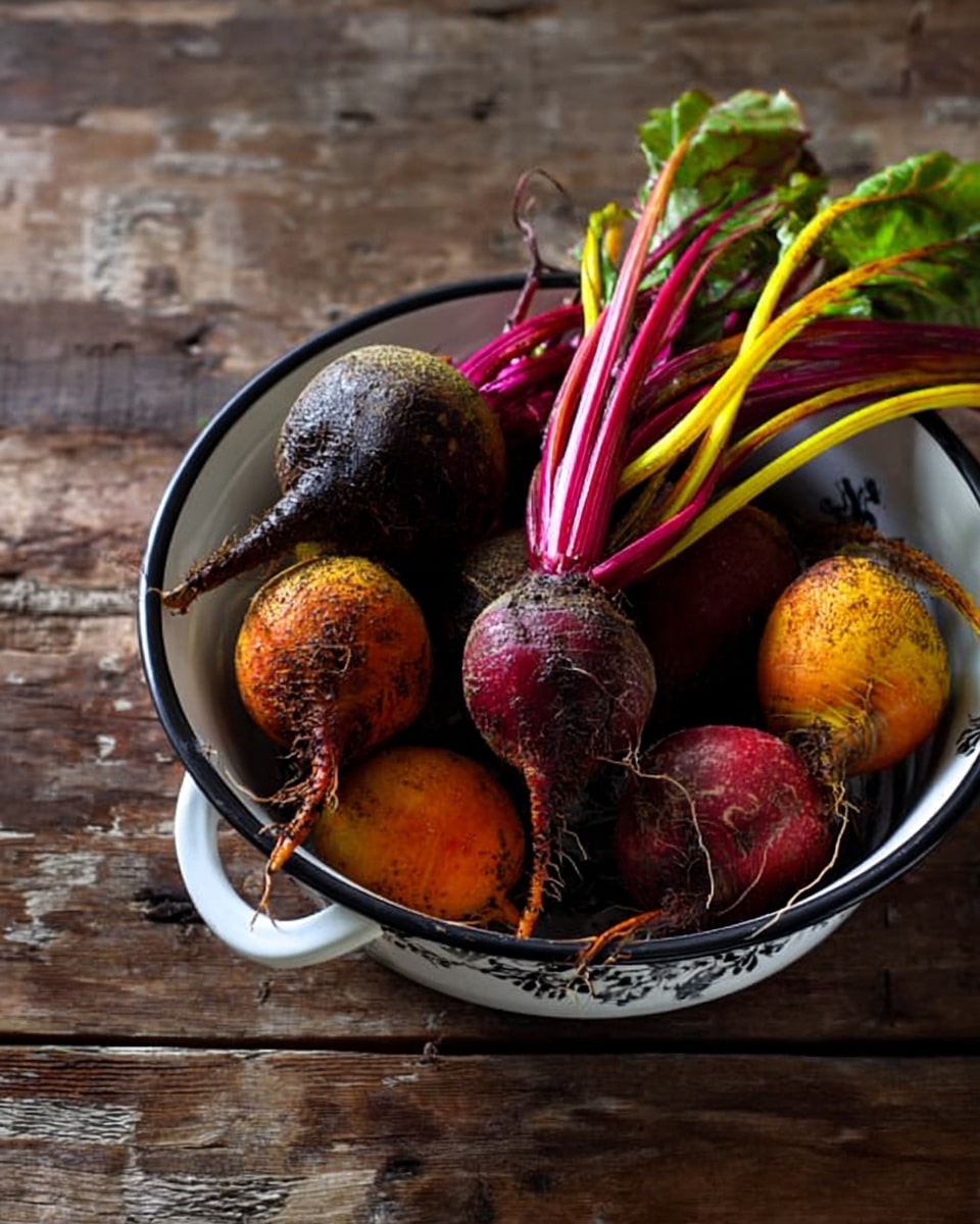 A white bowl with black trim holds a mix of round beets with rough, dirt-covered skins in shades of deep purple, orange, and red. Each beet has leafy yellow-green or reddish-purple stems that spread outward, adding bursts of color. The bowl is placed on a rustic wooden surface. The overall image shows natural textures and earth tones with fresh vegetable details, photo taken with an iphone --ar 4:5 --v 7