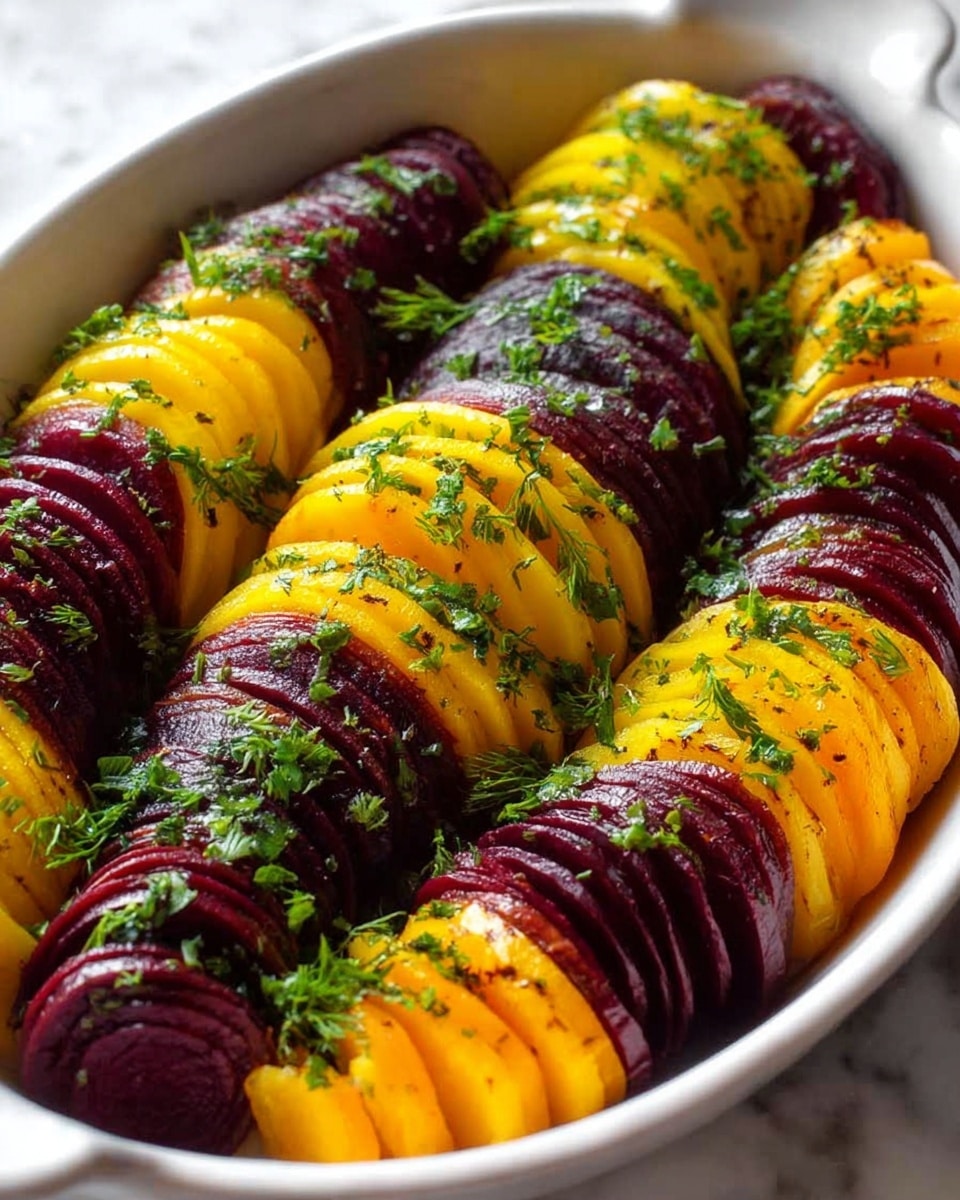 The image shows a white oval dish filled with rows of sliced round vegetables arranged upright, alternating between deep purple and bright yellow colors. Each vegetable is thinly sliced in layers from top to bottom, creating a fan effect, and sprinkled with small green herb pieces across the top and sides. The herbs look fresh and finely chopped, adding a touch of green contrast. The dish sits on a white marbled surface. The lighting highlights the glossy texture of the vegetables and fresh herbs, giving the image a fresh and vibrant look photo taken with an iphone --ar 4:5 --v 7