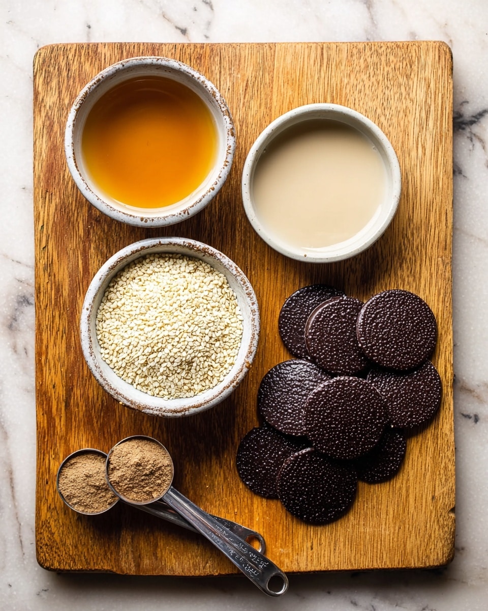 The image shows a wooden board on a white marbled surface holding four groups of ingredients. On the right side, there is a heap of dark brown chocolate discs with a slightly rough texture arranged in a small pile. Below them, a rustic white bowl filled to the top with small, off-white sesame seeds that have a grainy texture. To the left of the sesame seeds, there is another white bowl containing a smooth, light beige liquid. Above this bowl, there is a white bowl holding a shiny, amber-gold liquid with a smooth surface and a slight reflection. At the bottom left corner, two metal measuring spoons rest on the board, with one spoon filled with a light brown, powdery spice. The photo taken with an iphone --ar 4:5 --v 7
