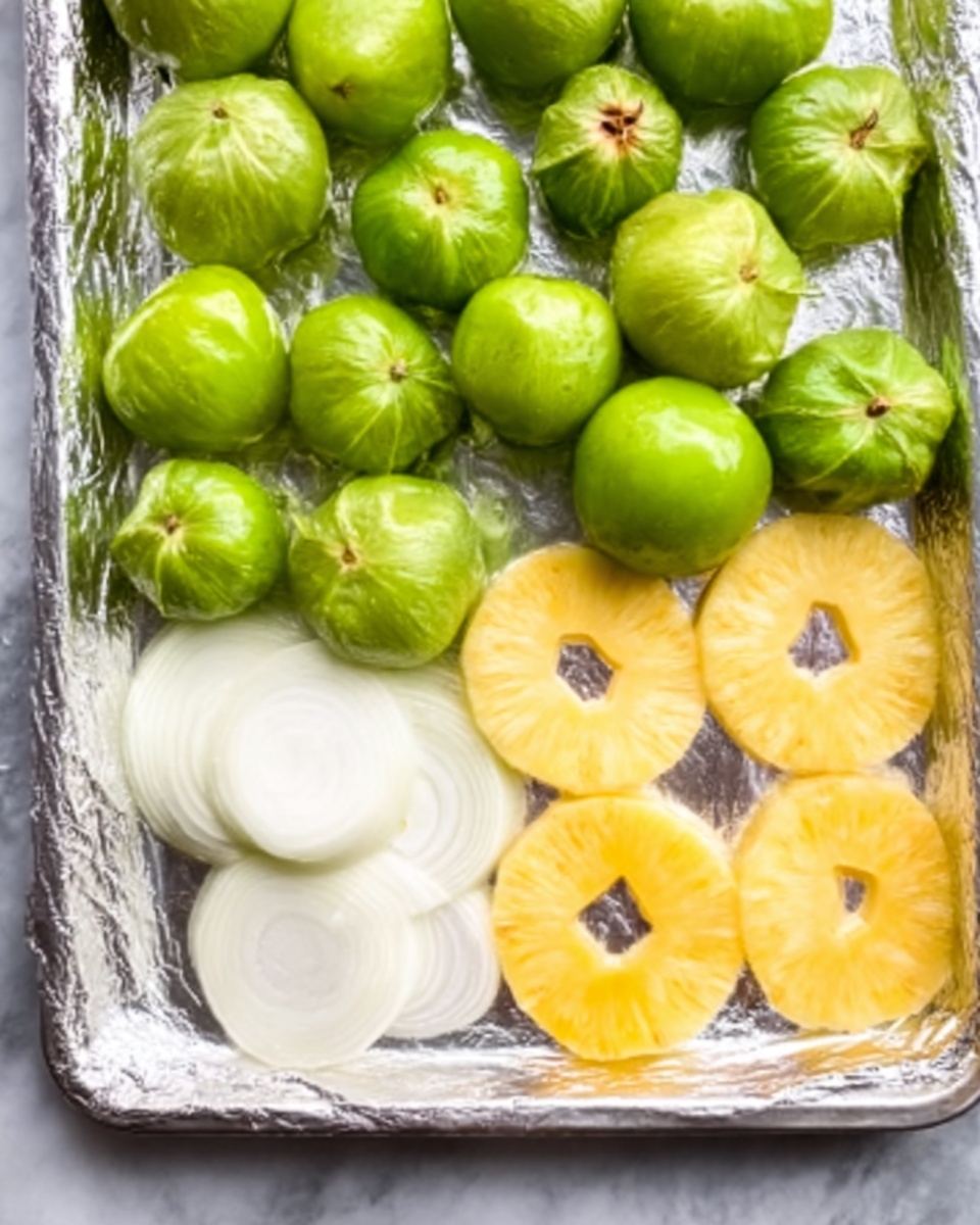 The image shows a baking tray lined with shiny foil placed on a white marbled surface. On the tray, there are fourteen round green tomatillos with their papery skins partially removed, arranged mostly in the upper part of the tray. Below the tomatillos, two thick white onion slices and two yellow pineapple rings are laid out side by side. The colors are bright and fresh, with the shiny foil reflecting light around the fruits and vegetables. photo taken with an iphone --ar 4:5 --v 7