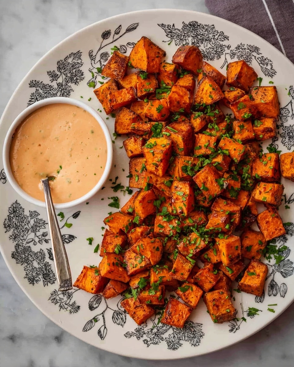 A white plate with black botanical drawings holds many small roasted orange sweet potato cubes scattered evenly, topped with chopped green herbs. On the left side of the plate is a small round white bowl filled with a creamy light orange dipping sauce, and a silver spoon rests inside the bowl. The plate sits on a white marbled surface. photo taken with an iphone --ar 4:5 --v 7