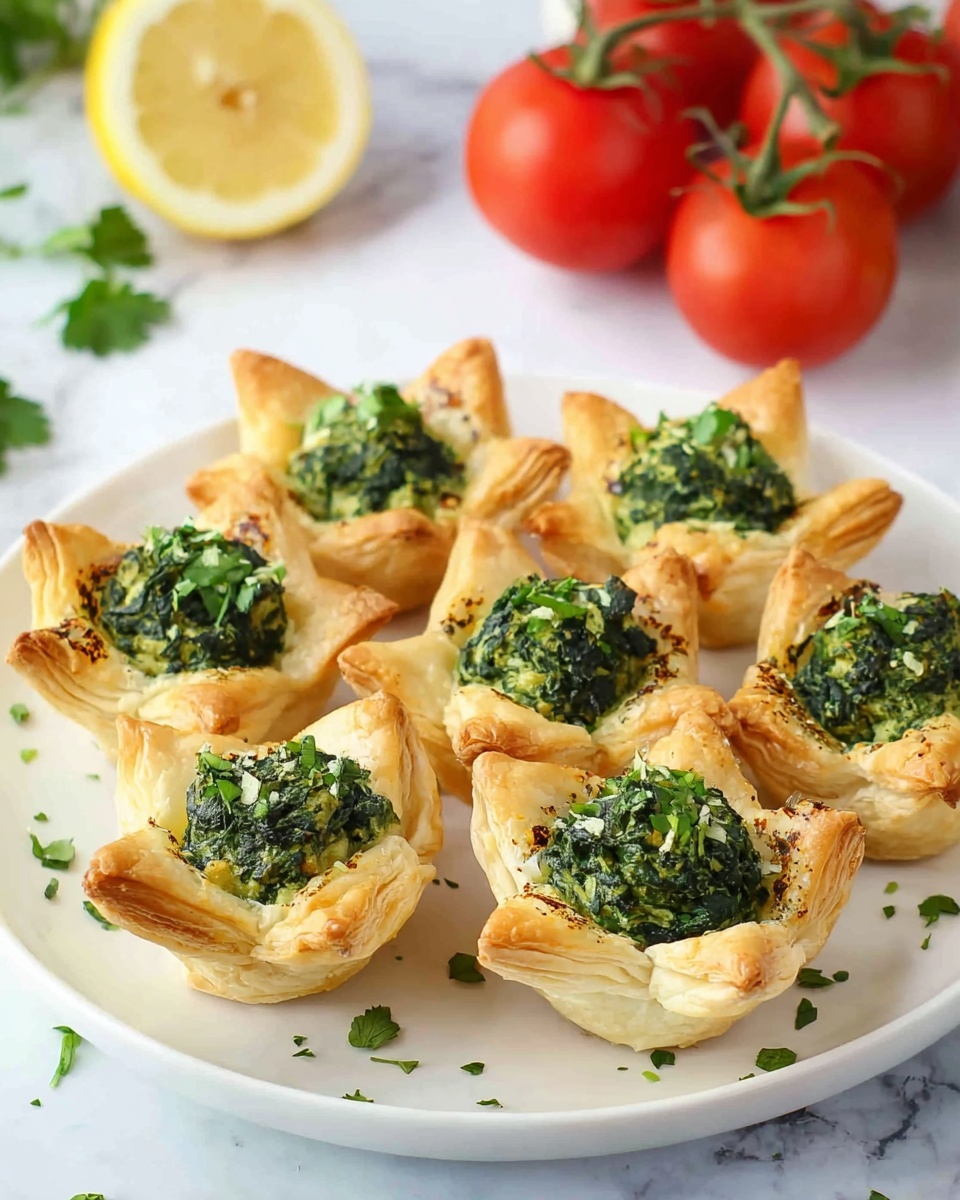 A white round plate holds seven small puff pastry cups arranged in a circle. Each pastry cup has four folded corners, golden and flaky with a light brown edge. Inside each cup, there is a dollop of green spinach mixture, slightly textured with visible chopped herbs scattered on top. The pastries rest on a white marbled surface, with some parsley leaves scattered around the plate. In the background, red tomatoes on the vine and a lemon half are partly visible, adding a fresh touch. Photo taken with an iphone --ar 4:5 --v 7