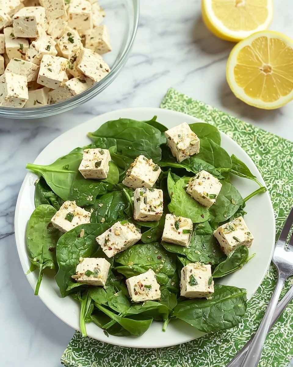 A white plate is filled with fresh, dark green spinach leaves as the base layer, topped with small cubes of creamy white tofu speckled with herbs and spices scattered evenly over the greens. Behind the plate is a white marbled surface with a green patterned cloth napkin underneath one edge of the plate, and two lemon halves are placed on the right side near the top, adding a pop of bright yellow. In the background, there is a clear bowl full of more tofu cubes on the white marbled surface. A spoon is partly visible on the lower right next to the plate. photo taken with an iphone --ar 4:5 --v 7