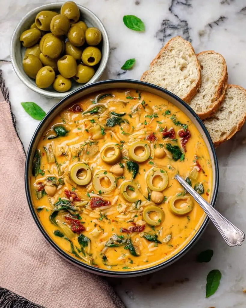 Green Olive Soup with Sun-Dried Tomatoes and Fresh Herbs Recipe