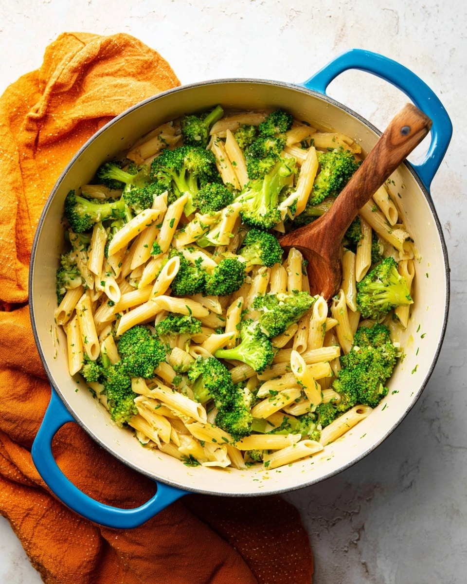 The image shows a white cooking pot with blue handles filled with a dish of penne pasta and bright green broccoli florets mixed together. The pasta is light yellow and evenly coated with small bits of green herbs scattered throughout. A wooden spoon rests inside the pot, partially covered by the pasta and broccoli. The pot sits on a white marbled surface next to an orange cloth. The lighting is bright, making the colors of the broccoli and pasta look fresh and vibrant. Photo taken with an iphone --ar 4:5 --v 7