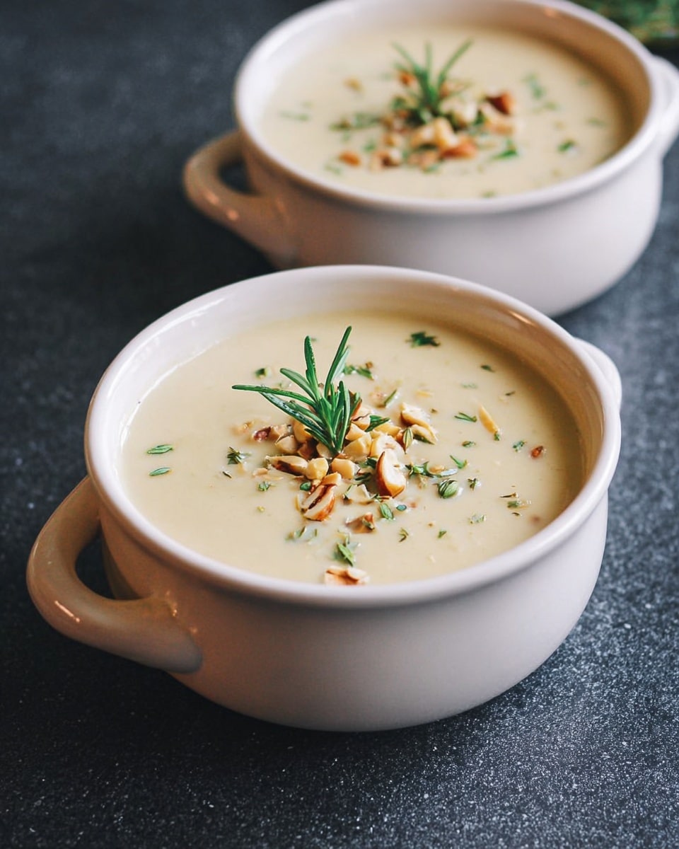 The image shows two bowls of creamy light beige soup on a dark gray surface. Each bowl is white and simple, with two small handles. The soup is smooth with small pieces of chopped nuts and herbs sprinkled on top, and a small sprig of rosemary is placed in the middle as a garnish. The background has a soft focus with the second bowl positioned slightly behind and to the right of the front bowl. The scene is softly lit and the texture of the soup appears thick and rich. photo taken with an iphone --ar 4:5 --v 7