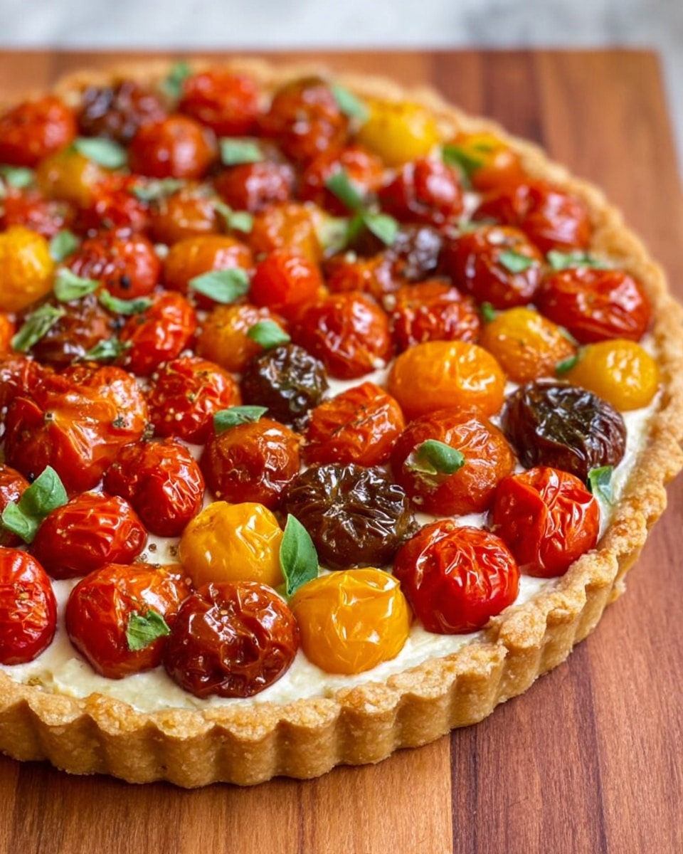 The image shows a round tart with a golden brown crust forming the base and edge. On top of the crust, there is a creamy white layer that acts as a filling. Over this filling, there are many cherry tomatoes of different colors including red, orange, yellow, and dark red, evenly spread to cover the whole surface. Some tomatoes have wrinkled skin, showing they are roasted or baked. Fresh green basil leaves are scattered lightly on top of the tomatoes, adding a fresh color contrast. The tart is placed on a wooden surface. photo taken with an iphone --ar 4:5 --v 7