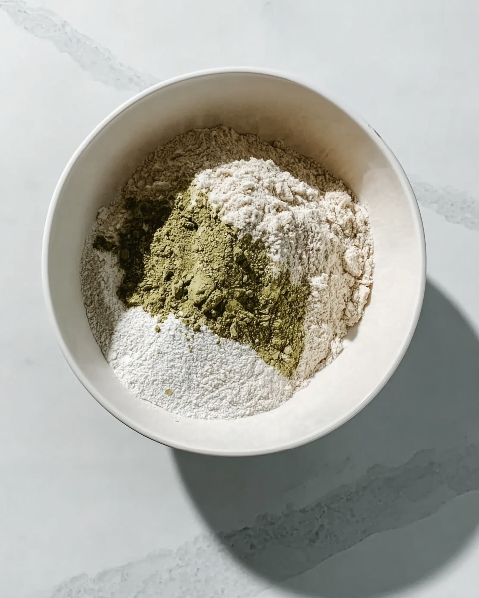 A white bowl sitting on a white marbled surface contains three dry ingredients layered inside. The largest layer is a rough-textured, light beige flour that fills most of the bowl. On one side, there is a small mound of fine white powder. Next to it, a small pile of green powder with a slightly clumpy texture sits gently on top of the flour. Bright light and soft shadows create depth in the image. Photo taken with an iphone --ar 4:5 --v 7