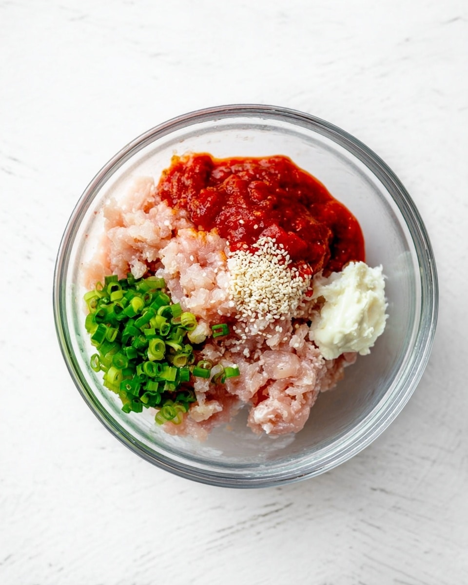 In a clear glass bowl placed on a white marbled surface, there are five main ingredients arranged without mixing: raw minced light pink chicken, a small pile of bright green chopped scallions on the top left, a thick bright red sauce on the top right, a small dollop of creamy white mayo on the right side, and a sprinkle of white sesame seeds at the bottom center. The bowl and ingredients are well focused with soft natural lighting, showing different textures and colors clearly. Photo taken with an iphone --ar 4:5 --v 7