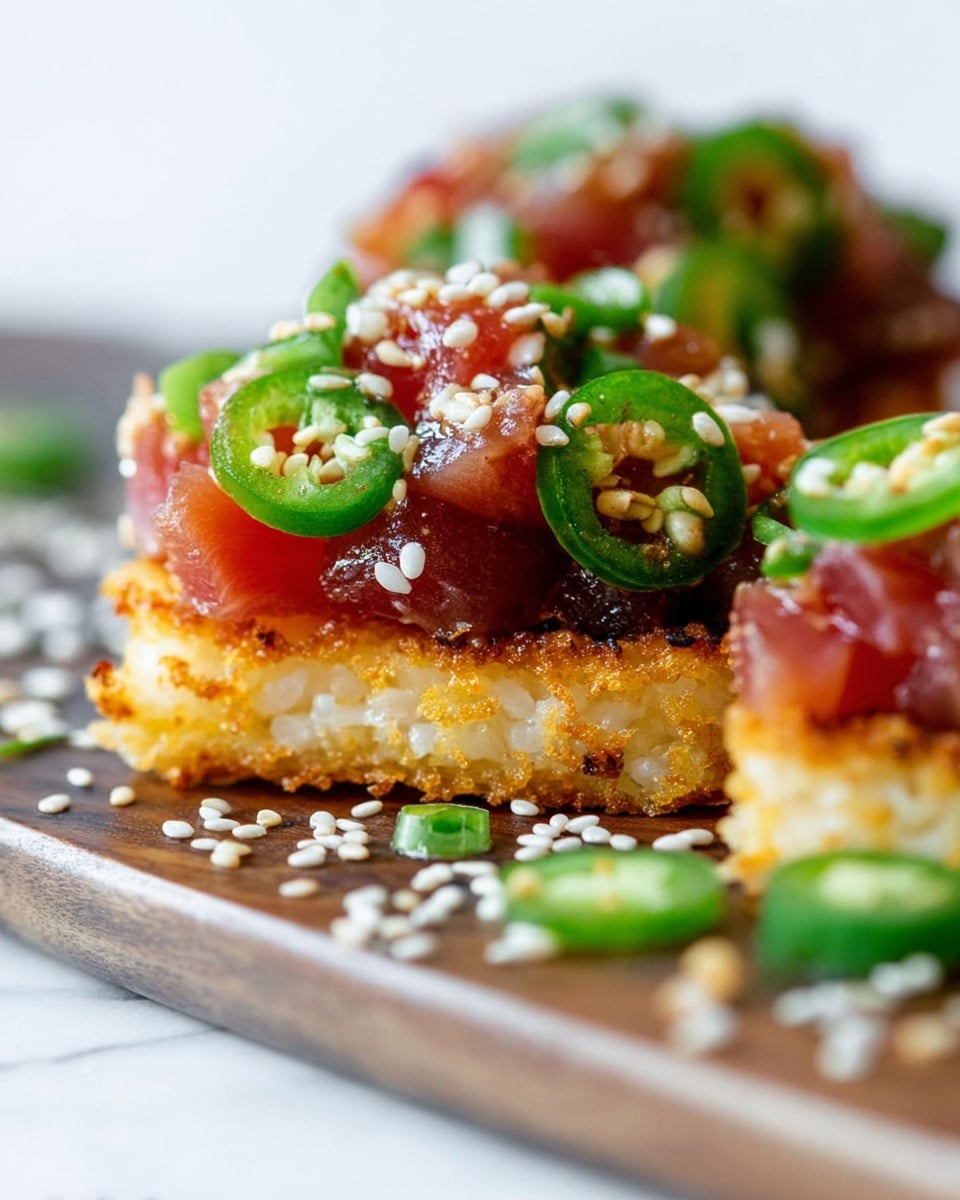 The image shows a close-up of a crispy golden brown rice cake at the bottom, topped with a fresh mix of small pieces of reddish raw fish, bright green sliced jalapeño rings, and green chopped scallions. White sesame seeds are sprinkled on top, adding texture and a light contrast. The dish is placed on a wooden board over a white marbled surface, with some scattered sesame seeds and jalapeño pieces around. The focus is sharp on the front, showing the juicy, soft texture of the fish and the crunchy base. Photo taken with an iphone --ar 4:5 --v 7