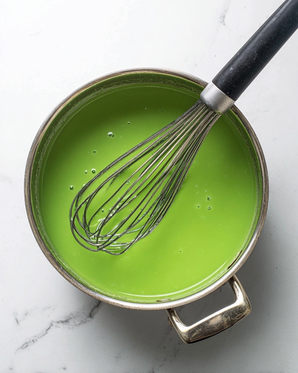 A round metal pot filled with smooth, bright green liquid, with small bubbles on the surface. A metal whisk with a black handle rests inside the pot, partially submerged in the green liquid. The pot is set on a white marbled surface, and the photo is taken from above, showing the inside clearly. photo taken with an iphone --ar 4:5 --v 7
