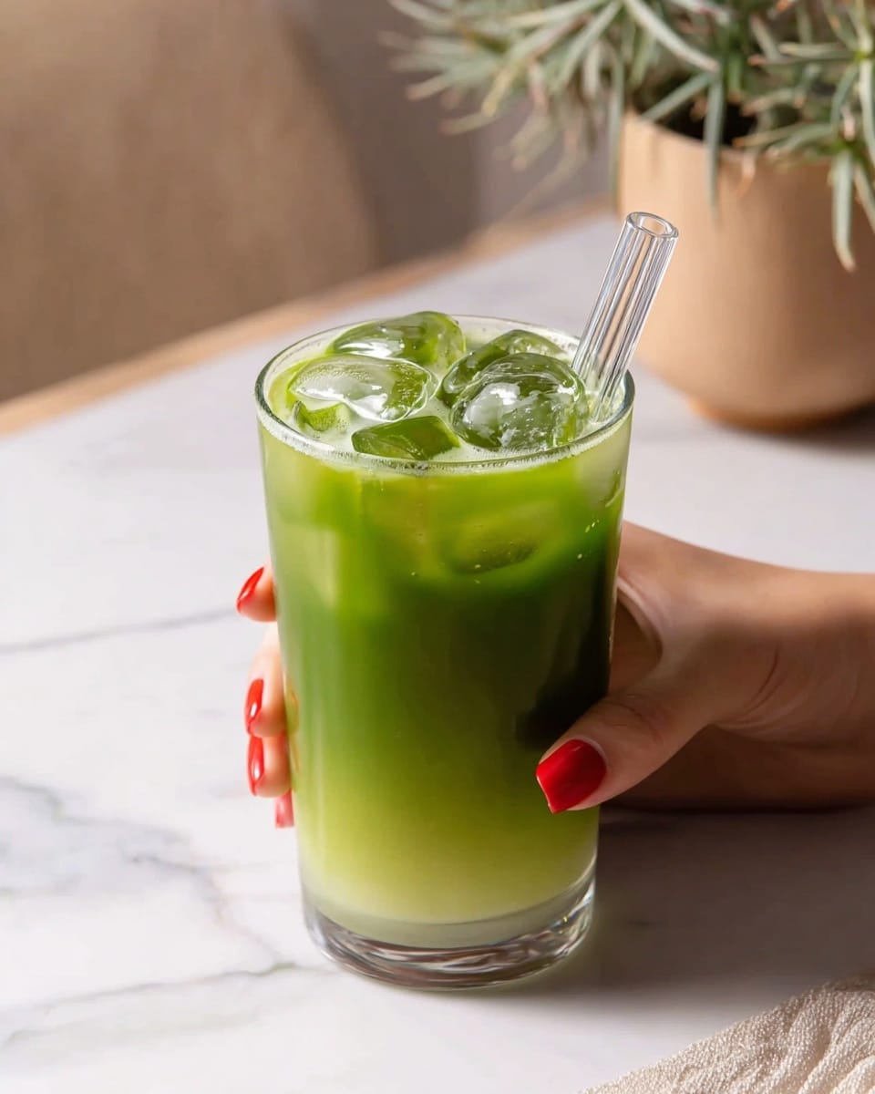 A clear glass filled with a green drink that has a slightly thick texture, layered with several large ice cubes floating at the top. A clear glass straw is placed inside the drink, leaning slightly to one side. The bottom layer is lighter green, almost yellowish, and the upper main layer is a darker, vibrant green. A woman's hand with red nails is holding the glass from the side. The glass is set on a white marbled surface, and in the background, there is a blurred plant in a light brown pot. Photo taken with an iphone --ar 4:5 --v 7