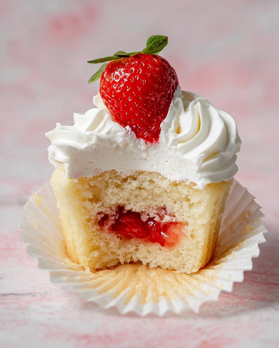 A single cupcake with three visible layers sits open on a white paper liner against a white marbled background. The bottom layer is a light yellow sponge cake with a soft texture. Inside the cake, there is a middle layer of bright red strawberry jam oozing out slightly. On top, there is a thick, swirled white whipped cream layer that looks smooth and fluffy. A fresh red strawberry half with green leaves is placed upright on top of the whipped cream, adding a fresh bright touch. Photo taken with an iphone --ar 4:5 --v 7