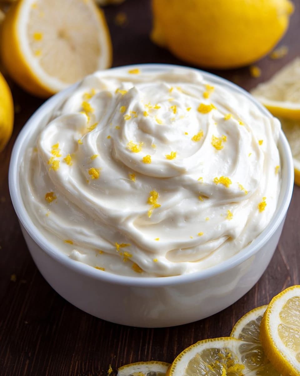 A close-up of a white bowl filled with a thick, creamy white frosting that has smooth swirls and peaks on its surface. The frosting is sprinkled with small bits of bright yellow lemon zest scattered evenly on top. Around the bowl, there are several fresh lemon wedges and whole lemons partially visible on a dark brown wooden surface, all set against a white marbled texture background. photo taken with an iphone --ar 4:5 --v 7
