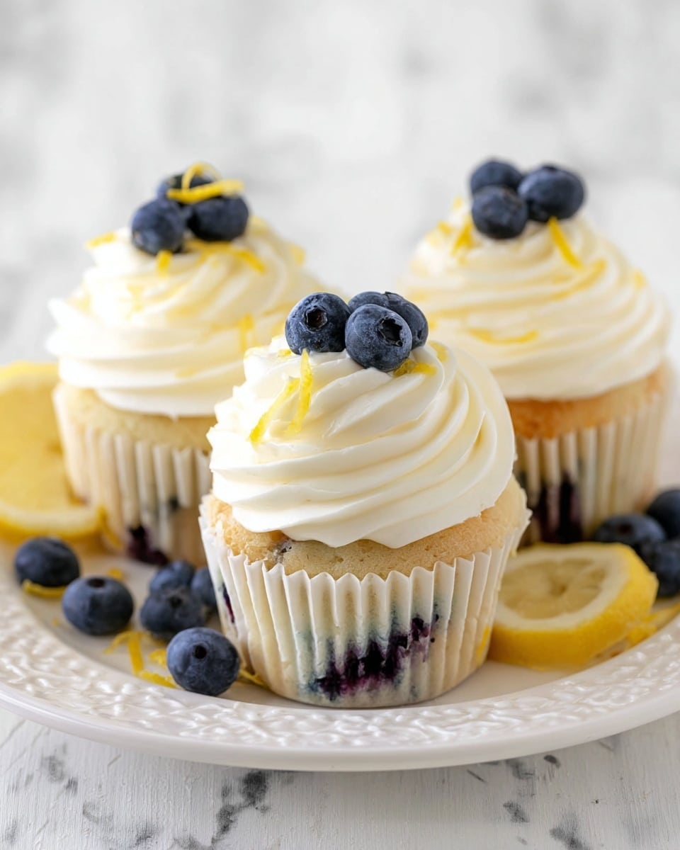 Three cupcakes are placed on a white plate with a light and detailed edge pattern, set on a white marbled surface. Each cupcake has a light beige base with visible small dark berry pieces inside. On top of each base is a thick layer of smooth white frosting swirled in a tall, spiral pattern. Each cupcake is decorated with three dark blue blueberries and thin yellow lemon zest strips on the frosting. Additional blueberries and lemon slices are scattered on the plate around the cupcakes. The scene is brightly lit with soft shadows, photo taken with an iphone --ar 4:5 --v 7