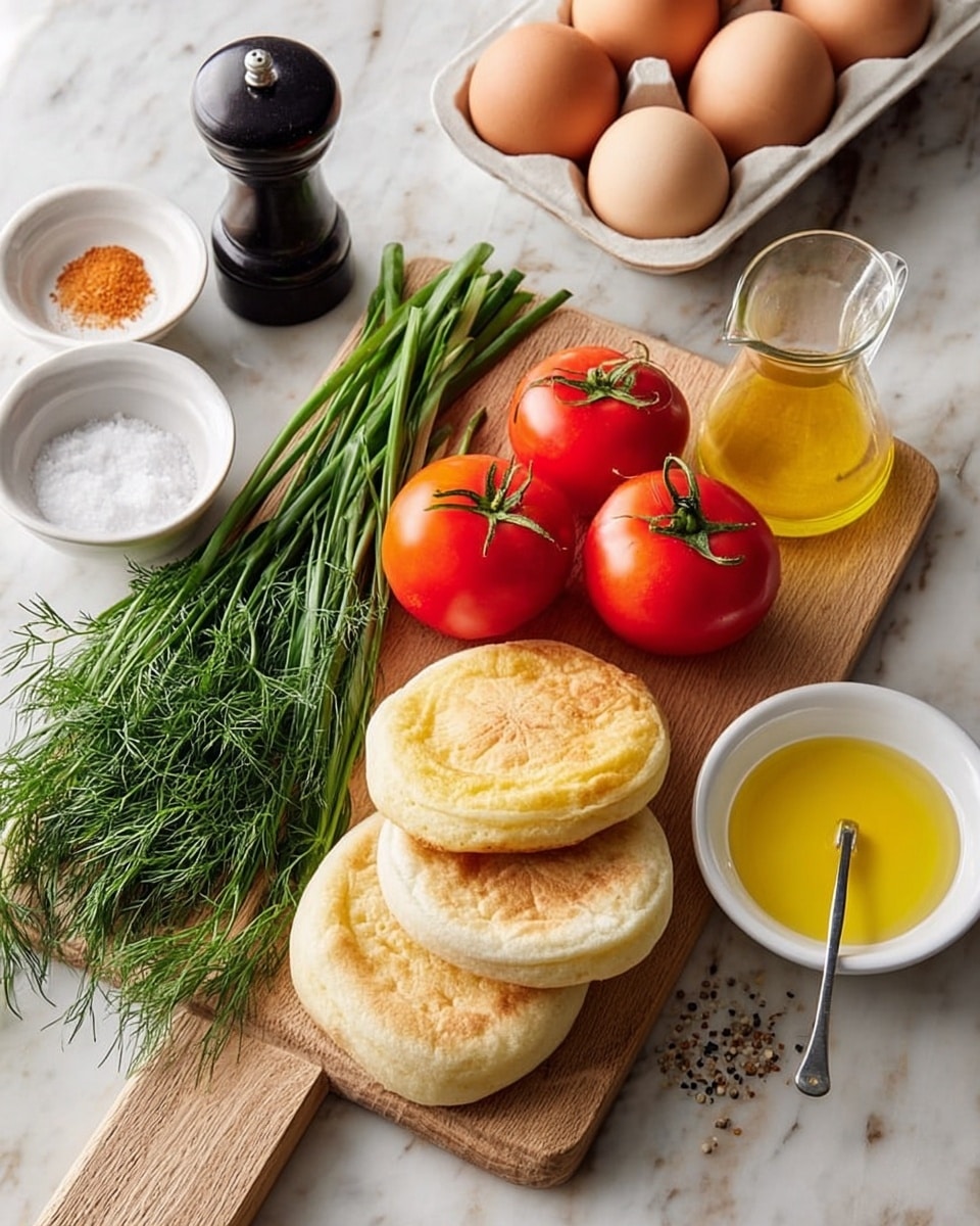 The image shows a wooden board on a white marbled surface, holding fresh ingredients. On the board, there are four light brown English muffins, some stacked and some laid flat to show the soft, airy inside. Two bright red tomatoes with green stems sit near the center. On the left side, bunches of fresh green chives and dill are neatly placed. A small white bowl of coarse salt and a black pepper grinder are near the upper left corner of the board. In front, a white bowl contains a yellow liquid with a spoon inside. A small clear glass container with a handle holds a little oil or vinegar. In the background, a white tray with brown eggs rests on the white marbled surface. The photo taken with an iphone --ar 4:5 --v 7