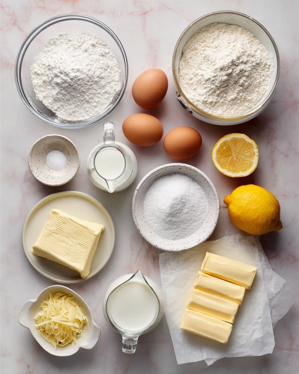 The image shows an overhead view of baking ingredients neatly arranged on a white marbled surface. There is a large transparent bowl filled with white flour placed near the top right, and next to it a white bowl holding three brown eggs. Below the eggs is a white bowl with white granulated sugar. To the right of the sugar is a small speckled dish with white baking soda, salt, and baking powder. On the bottom right corner, there are four sticks of pale yellow butter laid on open white paper. Next to the butter on the left is an opened block of cream cheese with a smooth white surface. Above that, a clear glass measuring cup is filled with white powdered sugar. Near the top left corner is a small clear glass jug with white milk. Beside it, a whole yellow lemon and a white bowl containing lemon zest are placed. Above the zest is a small pale yellow bowl with lemon juice and next to it a peeled lemon half with a wooden lemon squeezer resting inside. The ingredients are cleanly displayed in individual containers, all on the white marbled background. photo taken with an iphone --ar 4:5 --v 7