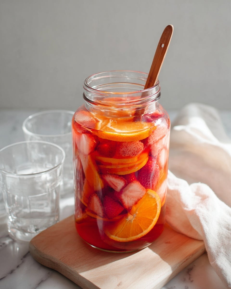 A large clear glass jar filled with a colorful drink sits on a light wooden board over a white marbled surface. Inside the jar, there are many thin orange slices forming a bright orange layer mixed with pinkish-red sliced strawberries, all submerged in a light reddish liquid. A wooden spoon sticks out from the jar's top, showing a natural wood texture. Around the jar, a white cloth is softly spread and two empty clear glasses are placed nearby, adding to the scene’s simple and fresh look. Photo taken with an iphone --ar 4:5 --v 7