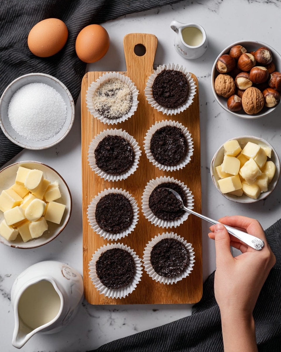 The image shows a small wooden cutting board placed on a white marbled surface. On the board, there are six white paper cupcake liners filled with a dark crumbly mixture, arranged in two rows of three. A woman's hand is holding a small spoon above the bottom right liner, pressing down some of the dark crumbs. Surrounding the board are various ingredients in white bowls and a small plate: granulated white sugar, coarse salt, cubed yellow butter, whole brown and white macadamia nuts, a brown egg, a white ceramic milk jug with cream, and another small white cup of liquid, all positioned around the board. The colors of the ingredients contrast against the white marbled background, creating a clean and organized cooking scene photo taken with an iphone --ar 4:5 --v 7