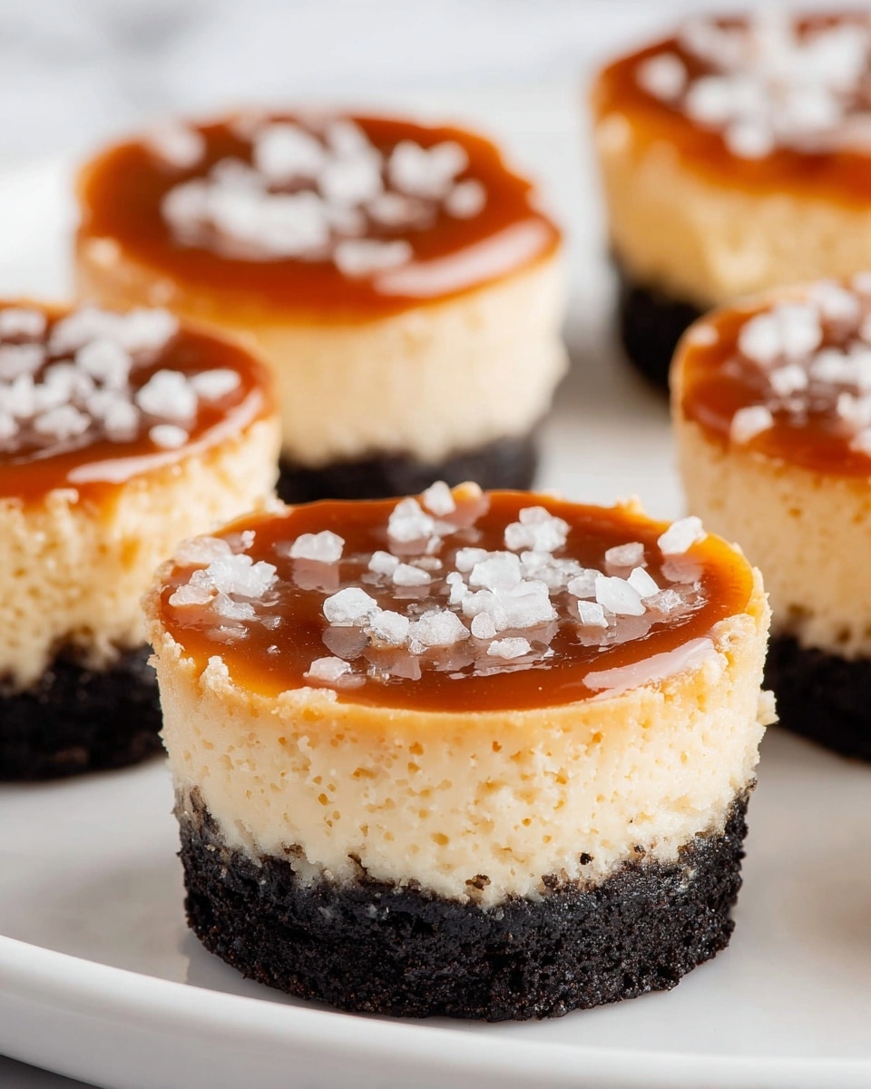 The image shows several small cheesecakes, each with three layers. The bottom layer is a dark, crumbly crust, almost black in color. The middle layer is a thick, creamy light beige cheesecake with a soft texture. The top layer is a smooth, shiny caramel sauce with a rich brown color, sprinkled with small white flakes that look like coarse salt. The cheesecakes are placed on a white plate, and the background has a white marbled texture. The focus is on the front cheesecake, with the others softly blurred behind it photo taken with an iphone --ar 4:5 --v 7