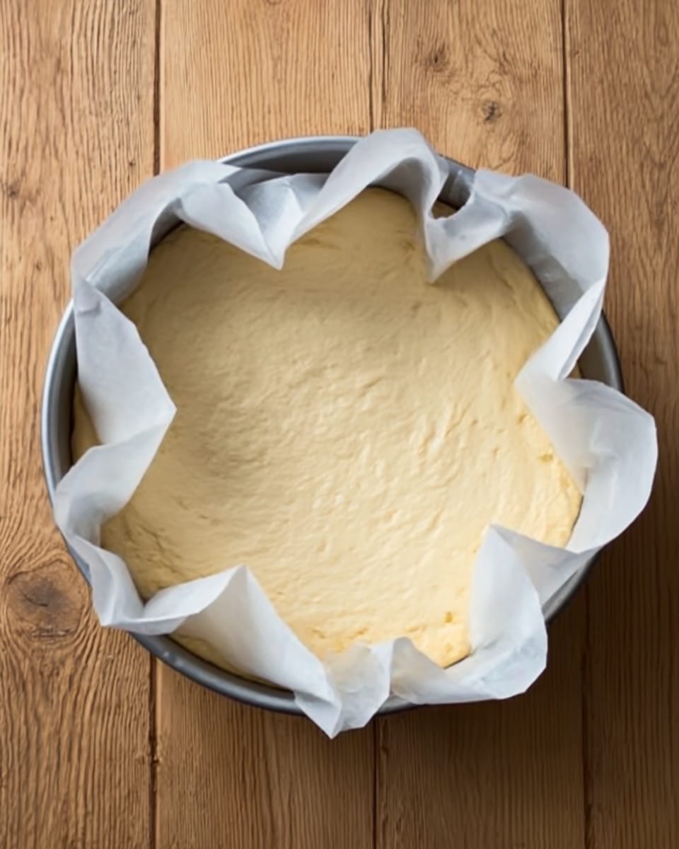 A round baking pan lined with white baking paper extends over the edges, holding a smooth, thick dough evenly pressed to cover the bottom and sides of the pan. The dough is pale yellow with a slightly uneven texture from gentle pressing, and the light wood background contrasts with the pan. The dough layer is the only visible item inside the pan, shaped neatly but with soft folds of baking paper around the edges. Photo taken with an iphone --ar 4:5 --v 7
