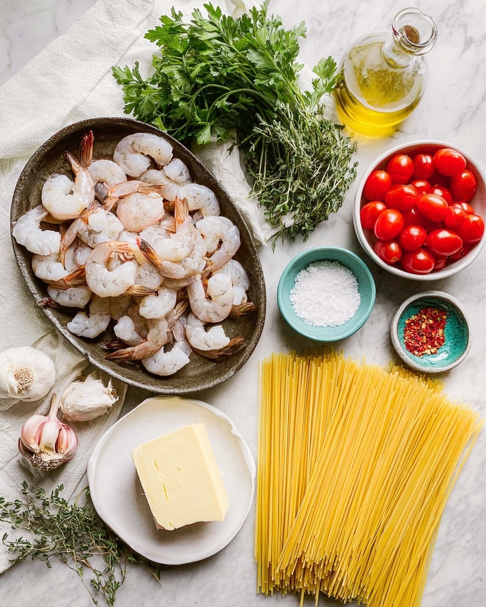 The image shows a top-down view of fresh uncooked shrimp with light grey and pale pink color placed in a rustic dark oval dish on a white marbled surface. Next to the dish, there is a bunch of fresh green parsley and thyme on a white cloth. Below the herbs, there are several garlic cloves and a white round bowl filled with bright red grape tomatoes. Nearby, a small white bowl holds coarse salt, and a turquoise bowl contains red chili flakes. There is a stick of yellow butter on a white plate and a bunch of long, uncooked yellow pasta spilling out from its green and transparent bag. A small glass bottle with golden olive oil completes the set. Photo taken with an iphone --ar 4:5 --v 7
