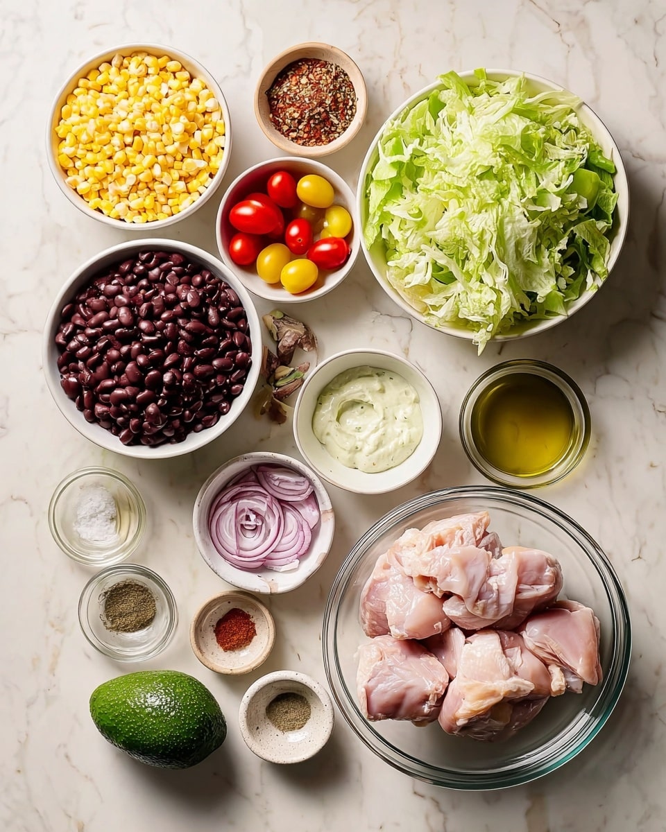 The image shows several bowls and ingredients neatly arranged on a white marbled surface. At the center right, there is a clear glass bowl filled with raw light pink chicken thighs. Above it, a white bowl is full of shredded green lettuce with a mix of light and dark green leaves. To the left of the lettuce, another white bowl contains bright yellow corn kernels. Next to the corn, a bowl holds dark red-black beans. Above these, there is a white bowl filled with assorted small tomatoes in red, yellow, and green shades. Scattered around these bowls are small dishes of various seasonings including sliced red onions, creamy white sauce, spices in red, green, and beige tones, coarse salt, olive oil, and a whole dark green avocado sits on the marbled surface. The composition is clean, bright, and organized. Photo taken with an iphone --ar 4:5 --v 7