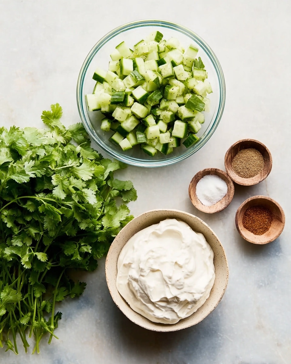The image shows four main elements arranged on a white marbled surface: a large bunch of fresh green cilantro leaves on the left side, a clear glass bowl at the top center filled with small, evenly chopped cucumber pieces that have a light green and darker green skin mix, a white bowl with a beige rim below the bowl of cucumber containing a smooth, thick, white cream spread evenly inside, and a small round wooden bowl at the top right corner holding three types of powdered spices divided in separate sections—white salt, a light brown spice, and a darker brown spice. Photo taken with an iphone --ar 4:5 --v 7