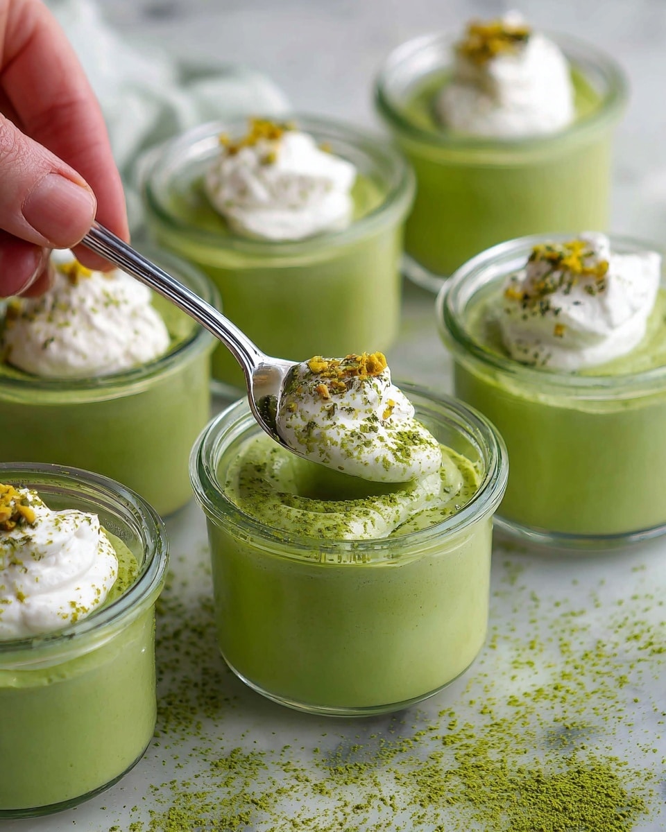 The image shows five small glass jars filled with a smooth light green pudding. Each jar has a dollop of white whipped cream on top, sprinkled with finely crushed yellow and dark green powder, giving a fresh and textured look. A silver spoon held by a woman's hand is lifting a spoonful of the pudding from one jar, showing the creamy consistency and the green powder dusted on the surface. The jars are placed on a white marbled surface with some green powder scattered around, adding to the natural and fresh feel of the scene. Photo taken with an iphone --ar 4:5 --v 7
