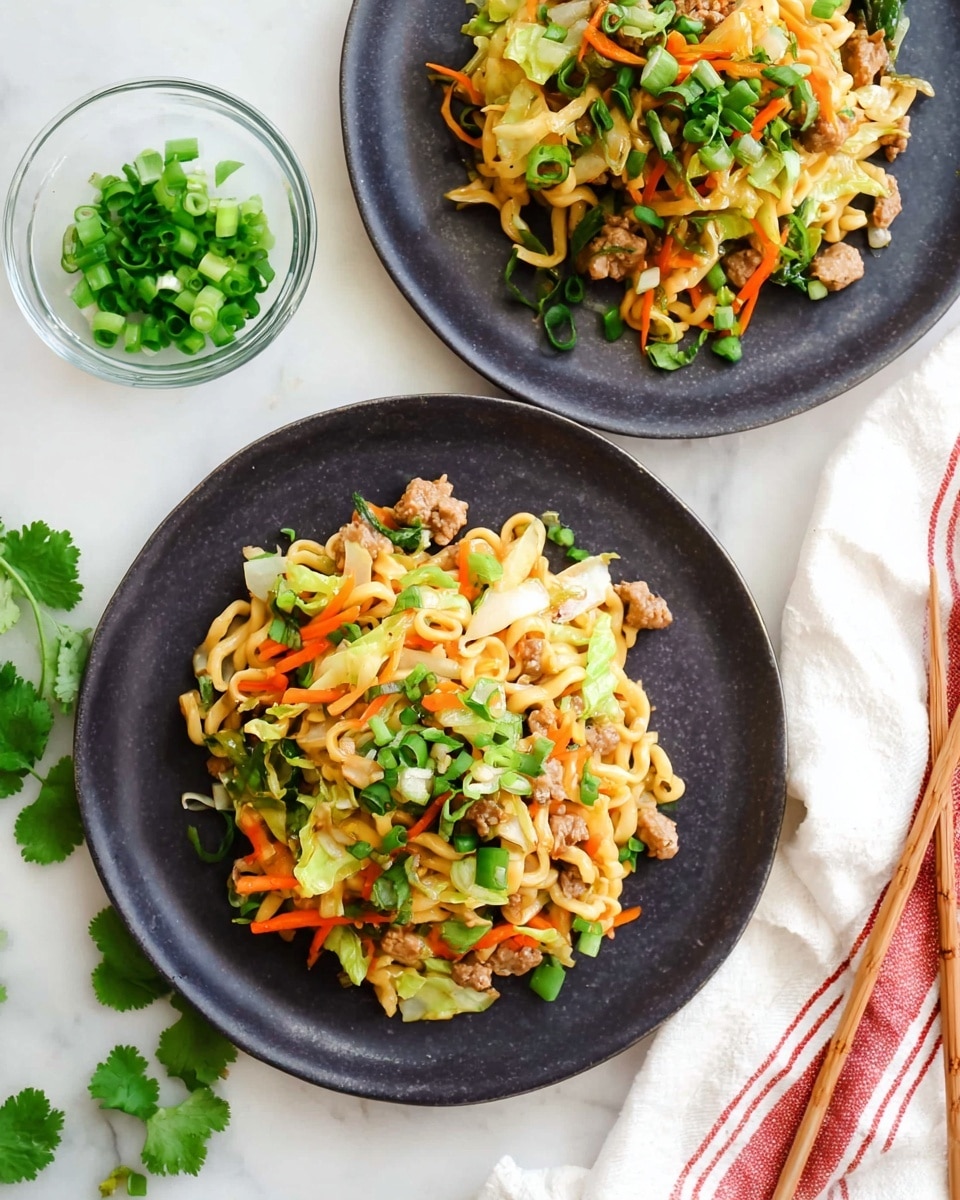 Two dark gray plates hold a colorful stir-fried noodle dish on a white marbled surface. Each plate shows three main layers: the bottom layer has wavy light yellow noodles, followed by small pieces of light brown cooked meat mixed with bright orange thin carrot strips and light green shredded cabbage. The top layer is sprinkled with chopped green onions and fresh cilantro leaves, adding bright green highlights. To the top left of the main plate, a small clear glass bowl holds more chopped green onions. A pair of wooden chopsticks rests nearby, and a white cloth with red stripes is partially seen on the top right. There are a few cilantro leaves scattered on the surface around the plates. photo taken with an iphone --ar 4:5 --v 7