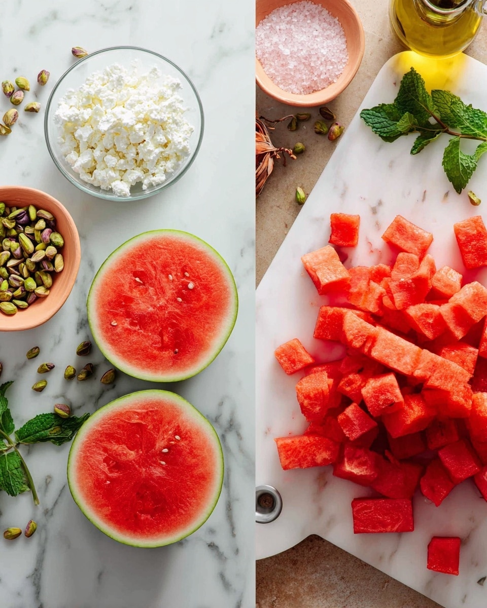 The image shows two panels side by side on a white marbled surface. On the left panel, there are two round watermelon halves with bright red flesh and green rind, placed at the bottom. Above them, a small clear bowl filled with crumbly white cheese is visible, next to a small peach-colored bowl filled with green pistachios. Scattered pistachios lead toward a small brown shallot and fresh green mint leaves on the right side. A bottle of olive oil and a small white bowl of pink salt are also partly visible in the background. On the right panel, small red watermelon cubes are neatly grouped on a white cutting board, scattered with a few mint leaves, contrasting with the white marble surface underneath. Photo taken with an iphone --ar 4:5 --v 7