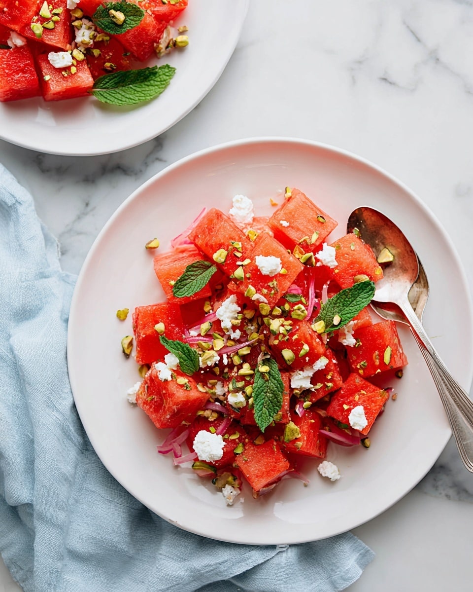 The image shows a white plate filled with bright red watermelon cubes as the base layer. On top of the watermelon, there are small white crumbles of feta cheese scattered evenly, giving a soft texture contrast. Green mint leaves are placed on and around the watermelon cubes, adding a fresh touch with their smooth surface. Small chopped pistachios, light green with a rough texture, are sprinkled over the salad for a crunchy layer. Thin slices of pinkish pickled onions are mixed in, adding a delicate, slightly translucent layer among the other ingredients. A silver fork rests on the edge of the plate. The plate is set on a white marbled surface with a light blue cloth beside it. photo taken with an iphone --ar 4:5 --v 7