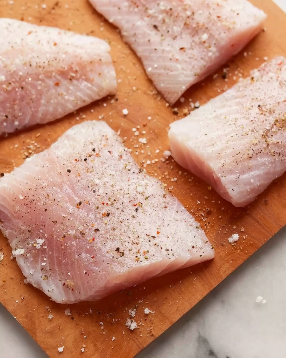 Four raw fish fillets lie flat on a square wooden cutting board over a white marbled surface. The fillets are pale pink with a smooth texture, each sprinkled with white salt crystals and black pepper specks evenly across the surface. The cutting board's edges are visible, with one fillet positioned near the center and others spread out around it in different angles. The scene is lit softly to show the fresh, moist look of the fish. Photo taken with an iphone --ar 4:5 --v 7