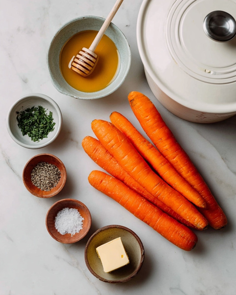 The image shows six whole bright orange carrots grouped on a white marbled surface near a white pot with a lid slightly open on the top right. To the left of the carrots, there are five small round bowls arranged in a loose cluster; the top bowl is light gray-blue and holds golden honey with a wooden honey dipper resting inside. Below it, four small reddish-brown bowls contain from top to bottom: black and white pepper mix, white coarse salt, chopped green herbs, and a square piece of light yellow butter. The scene is softly lit, with a clean and simple presentation. Photo taken with an iphone --ar 4:5 --v 7