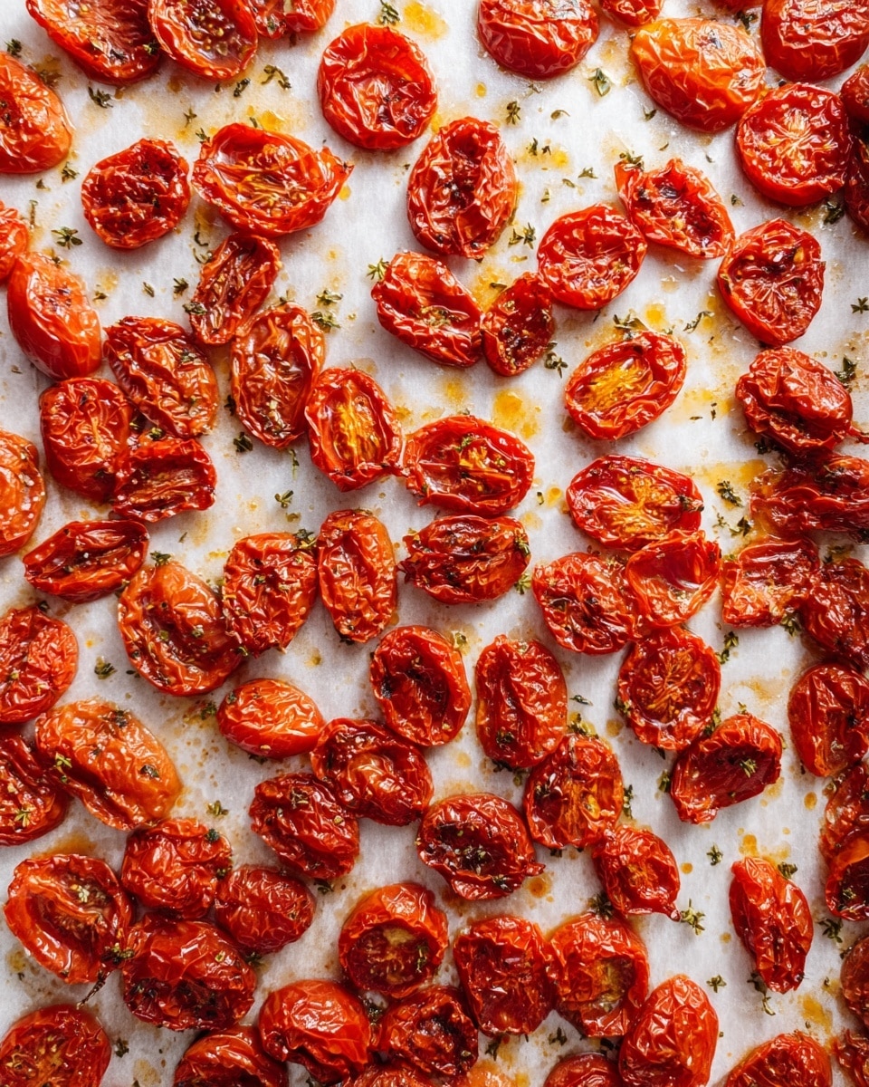 This image shows many small roasted cherry tomato halves spread evenly on a white marbled surface lined with parchment paper. The tomatoes have a wrinkled texture and deep red color, with some darker caramelized spots and visible seeds. Sprinkles of herbs and oil droplets scatter around, adding a glossy look and hints of green and amber tones. The tomatoes are closely packed but not overlapping, creating a vibrant, warm, and slightly shiny red-orange mosaic across the white marbled background. Photo taken with an iphone --ar 4:5 --v 7