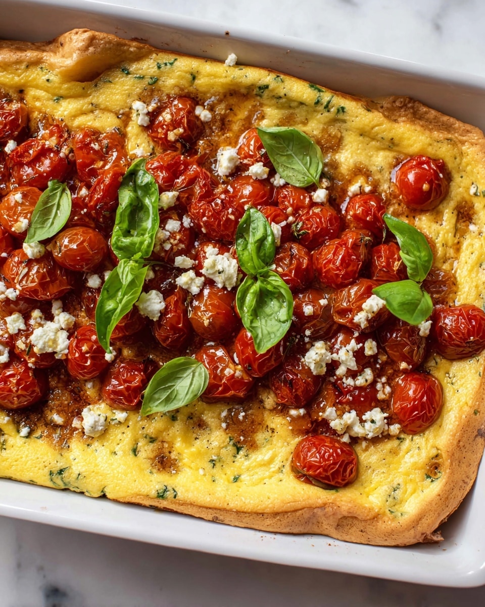 The dish is a baked frittata in a white rectangular dish, with three visible layers. The bottom layer is a golden-yellow eggs base speckled with green herbs. On top, there is a thick layer of roasted cherry tomatoes that are deep red and slightly wrinkled, scattered unevenly across the surface. There are small white crumbles of cheese spread over the tomatoes, creating contrast with the red. Large fresh green basil leaves are placed on top in a scattered pattern. The edges of the frittata are folded slightly upward, showing a light brown, firm crust. The whole dish rests on a white marbled surface photo taken with an iphone --ar 4:5 --v 7