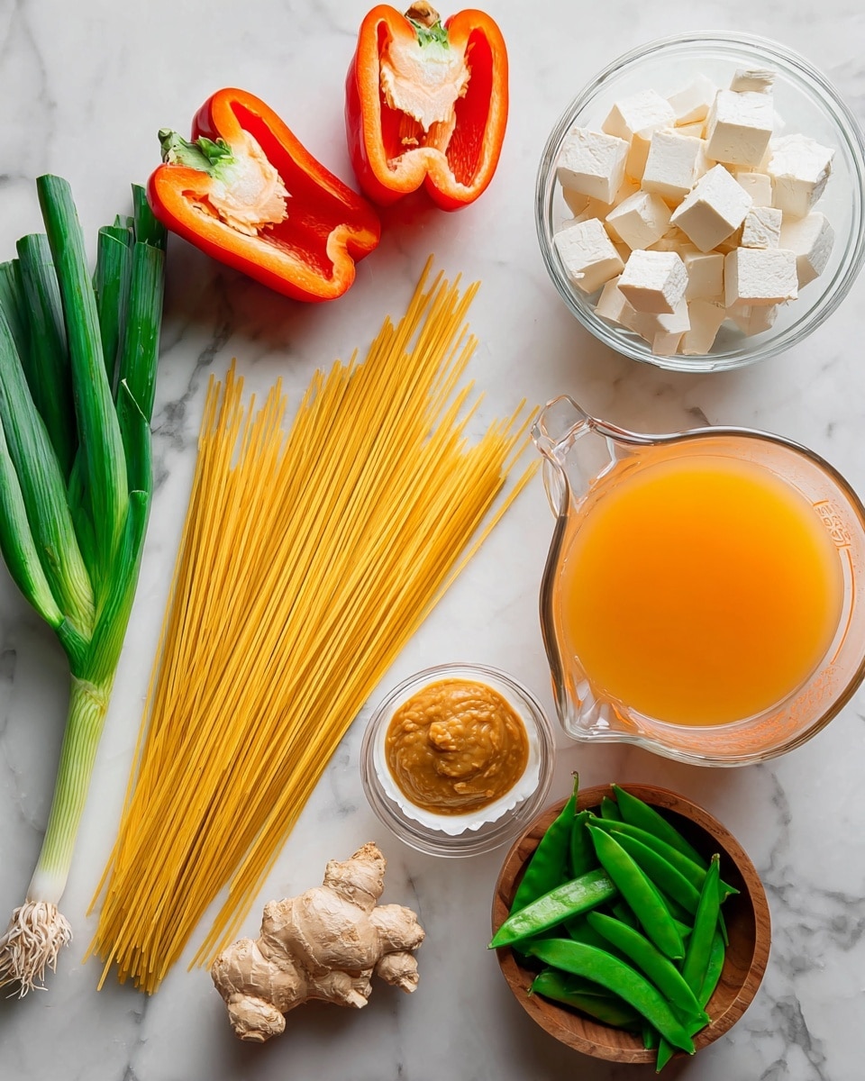 The image shows a collection of fresh and colorful ingredients neatly arranged on a white marbled surface. On the left side, there are two halves of a bright red bell pepper and an orange carrot placed next to several green onions with long green stalks and white bulbs at the bottom. In the center, a bunch of uncooked yellow spaghetti noodles lie flat, slightly fanned out. Above the noodles is a clear glass bowl filled with white tofu cubes. Near the noodles, on the right side, there is a small clear bowl of tan-colored miso paste and a large clear measuring cup filled with orange broth. To the right of the broth is a small white fluted bowl containing a small amount of brown liquid. At the bottom right, a wooden bowl holds fresh green snap peas, and next to it is a piece of fresh ginger root. photo taken with an iphone --ar 4:5 --v 7
