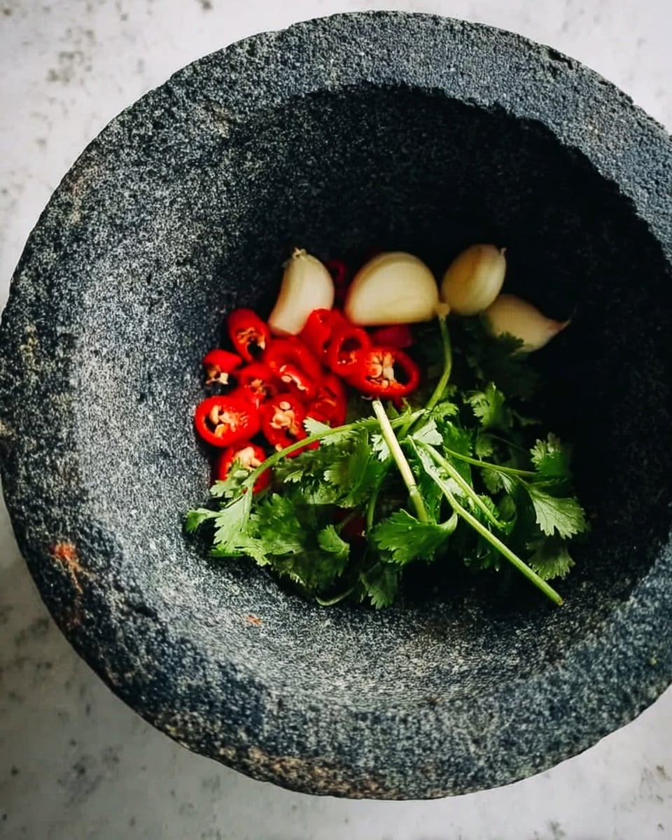 A stone mortar with a rough dark grey texture holds bright red chili slices, three whole white garlic cloves, and a small bunch of fresh green cilantro with stems. The ingredients are arranged loosely inside the mortar, which sits on a white marbled surface. Photo taken with an iphone --ar 4:5 --v 7