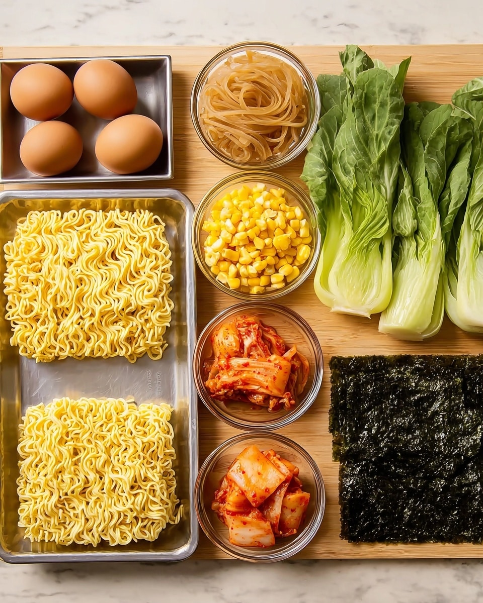 The image shows several ingredients neatly placed on a light wooden surface with a white marbled background. On the left, there is a metal tray holding two yellow blocks of uncooked instant ramen noodles with a textured, wavy look. Next to it are five clear glass bowls arranged in a row: the first bowl contains two brown boiled eggs, the second holds light brown, thinly sliced pickled vegetables, the third bowl is filled with bright yellow corn kernels, and the fourth contains reddish-orange kimchi. On the far right side, fresh green bok choy leaves lay next to a piece of dark green roasted seaweed sheet, placed flat on the surface. The composition is well-organized and colorful, with different textures and shapes visible. Photo taken with an iphone --ar 4:5 --v 7