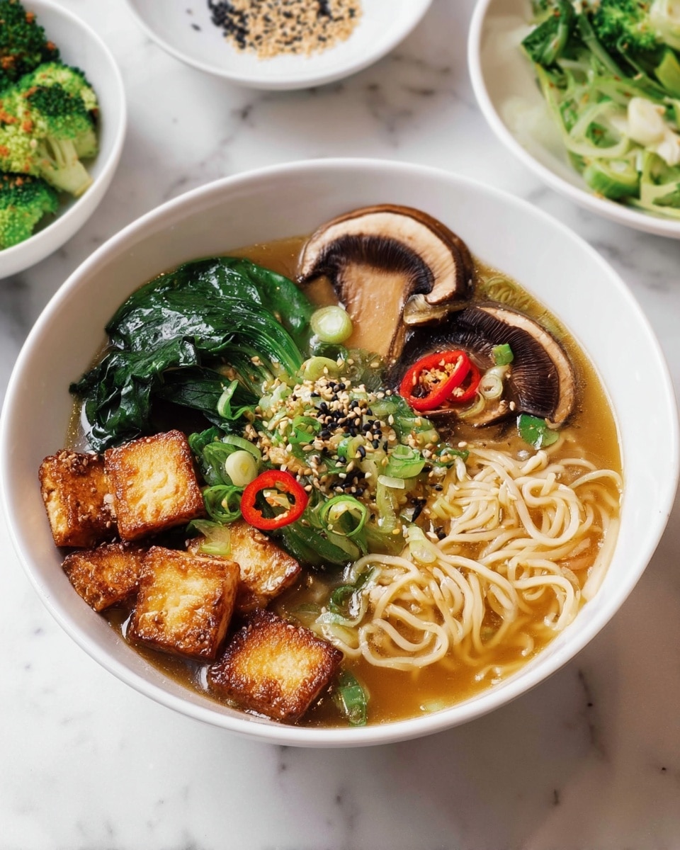 A white bowl filled with a noodle soup showing several clear layers: at the bottom, light brown broth surrounds the noodles twisted into a small round pile on the right side; on the left, several golden brown tofu pieces with a slightly crispy texture rest above the broth; next to the tofu, dark green leafy vegetables create a folded cluster; at the top center, a large mushroom cap with a light brown top and dark edge is partly submerged; scattered around are bright red chili slices, small green onion rings, broccoli florets, and a sprinkling of black and white sesame seeds. The bowl sits on a white marbled surface. In the background, there are white dishes with broccoli, sesame seeds, and green onions. Photo taken with an iphone --ar 4:5 --v 7