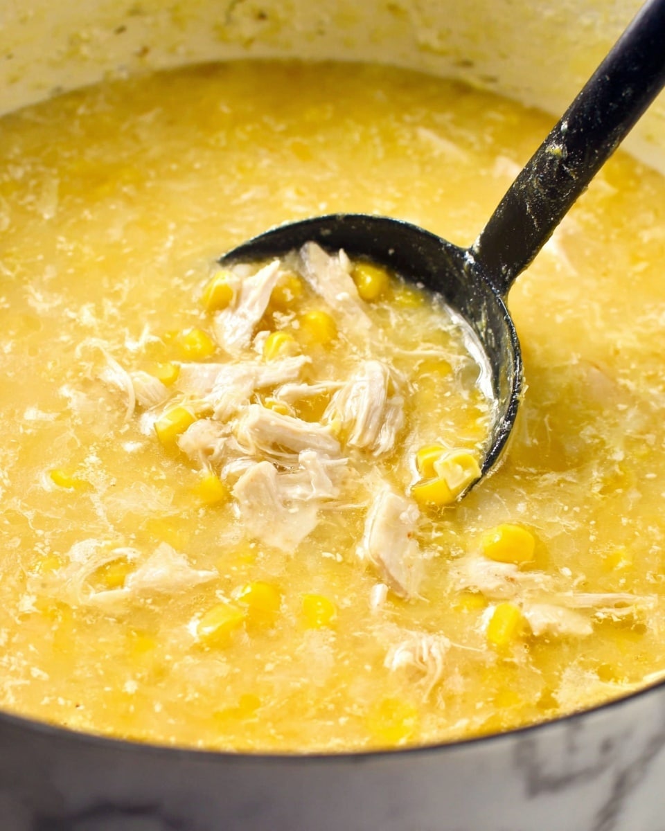 A close-up of thick, creamy yellow soup with soft white pieces of chicken and bright yellow corn kernels, all mixed with a smooth, slightly chunky texture. A black ladle scoops the soup, showing the layers of yellow broth, white chicken bits, and yellow corn in a shiny white pot. The background is a white marbled texture. photo taken with an iphone --ar 4:5 --v 7