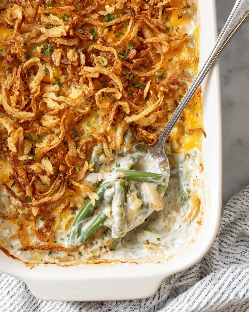 The dish is a casserole in a white rectangular baking dish with a creamy white sauce base, showing pieces of green beans mixed within. On top, there is a thick layer of melted yellow cheese, and the entire surface is covered by a generous amount of golden-brown crispy fried onions sprinkled with bits of green herbs. A silver spoon is scooping out a portion from the bottom left corner, revealing the creamy sauce and beans underneath. The casserole sits on a white marbled surface next to a white and gray striped cloth. Photo taken with an iphone --ar 4:5 --v 7