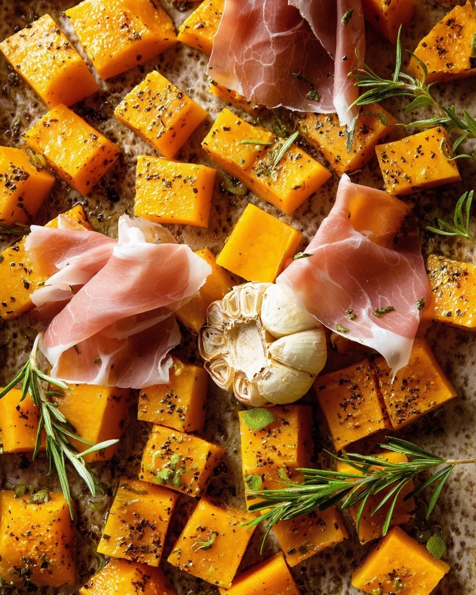 The image shows a close-up of a baking tray covered with textured parchment paper holding large yellow-orange cubes of seasoned roasted squash, scattered thin slices of light pink prosciutto draped loosely over the squash pieces, small sprigs of fresh green rosemary, and a whole garlic bulb sliced to expose the smooth inner cloves, all arranged in a casual yet colorful mix. The squash cubes have a slightly roasted texture with some herbs visible on them, while the prosciutto slices are soft and slightly translucent. The garlic cloves appear fresh and glossy, adding a white contrast to the warm tones of the dish. photo taken with an iphone --ar 4:5 --v 7