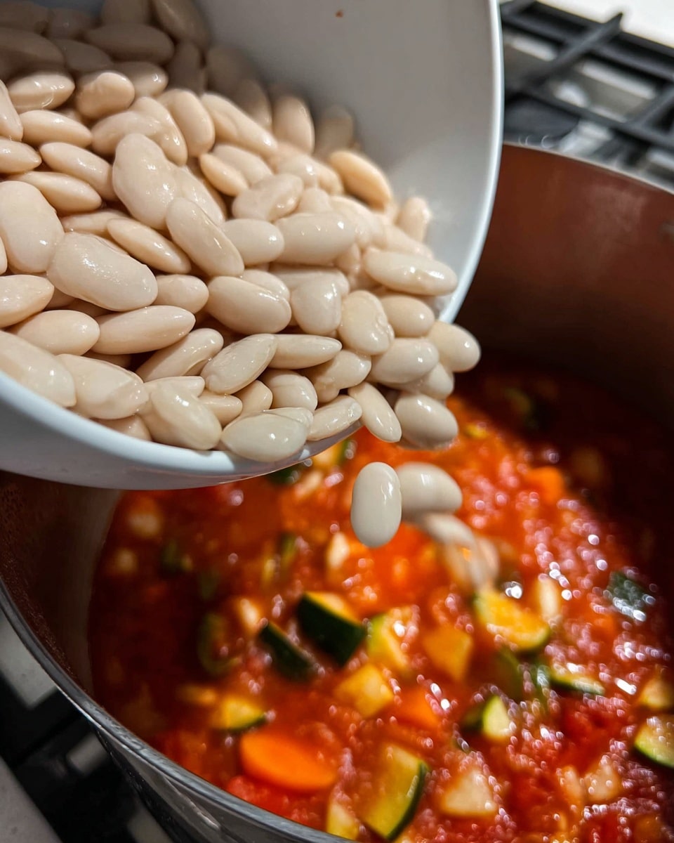 A close-up image shows a white bowl filled with smooth, shiny white beans being poured into a pot of thick red soup. The soup has visible chunks of orange carrot, green zucchini, and pieces of white onion mixed evenly throughout the rich red broth. The scene captures the moment right before the beans fall into the simmering soup, with a stove burner visible in the background. photo taken with an iphone --ar 4:5 --v 7