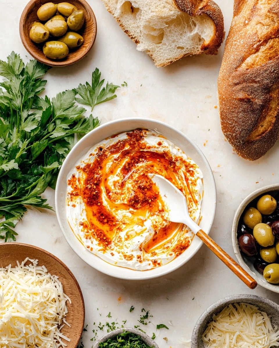 In a white bowl, there is a creamy white layer of yogurt or cheese base swirled with a bright orange-red chili oil sauce creating a marbled effect in the center. A white spoon with a wooden handle rests inside the bowl, partly covered in the creamy mixture. Surrounding the bowl on a white marbled surface are fresh green parsley leaves, a small bowl of mixed green and black olives, a wooden bowl filled with shredded cheese, a gray bowl with more white shredded cheese, a head of garlic, and slices of crusty rustic bread with a golden brown crust. The scene is bright and fresh, showing a mix of textures and colors that highlight the food ingredients. photo taken with an iphone --ar 4:5 --v 7
