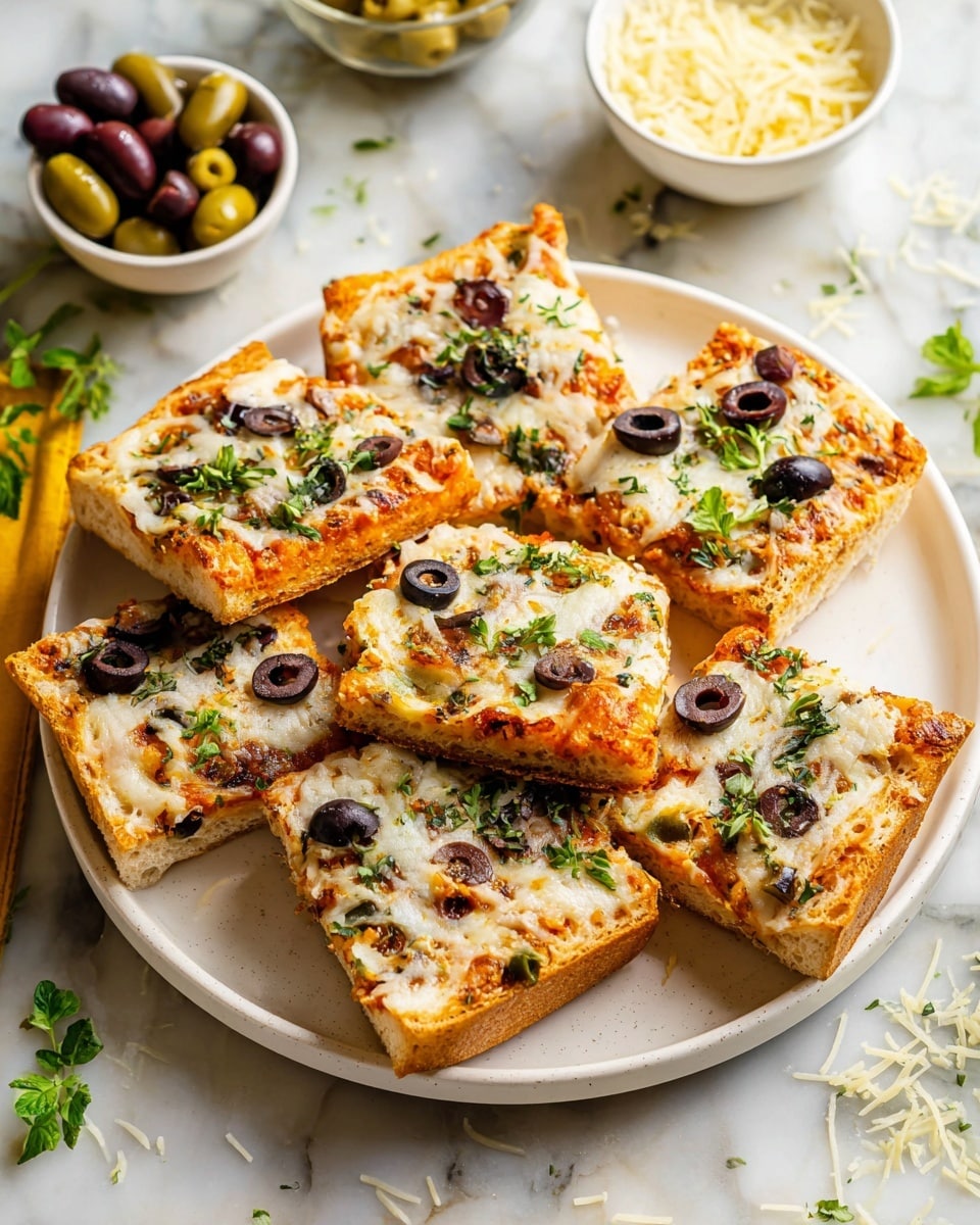 A white plate holds eight square slices of toasted bread pizza arranged in a casual pile. Each slice has a golden-brown crust with a textured, slightly rough surface. The pizza is topped with an orange spread base, a layer of melted white cheese that covers most of the bread evenly, and scattered black and green olive pieces that add color contrast. Small green herb leaves are sprinkled on top and around the plate, enhancing freshness. In the background, there is a small white bowl with mixed olives and another white bowl containing shredded cheese, all placed on a white marbled surface. Photo taken with an iphone --ar 4:5 --v 7