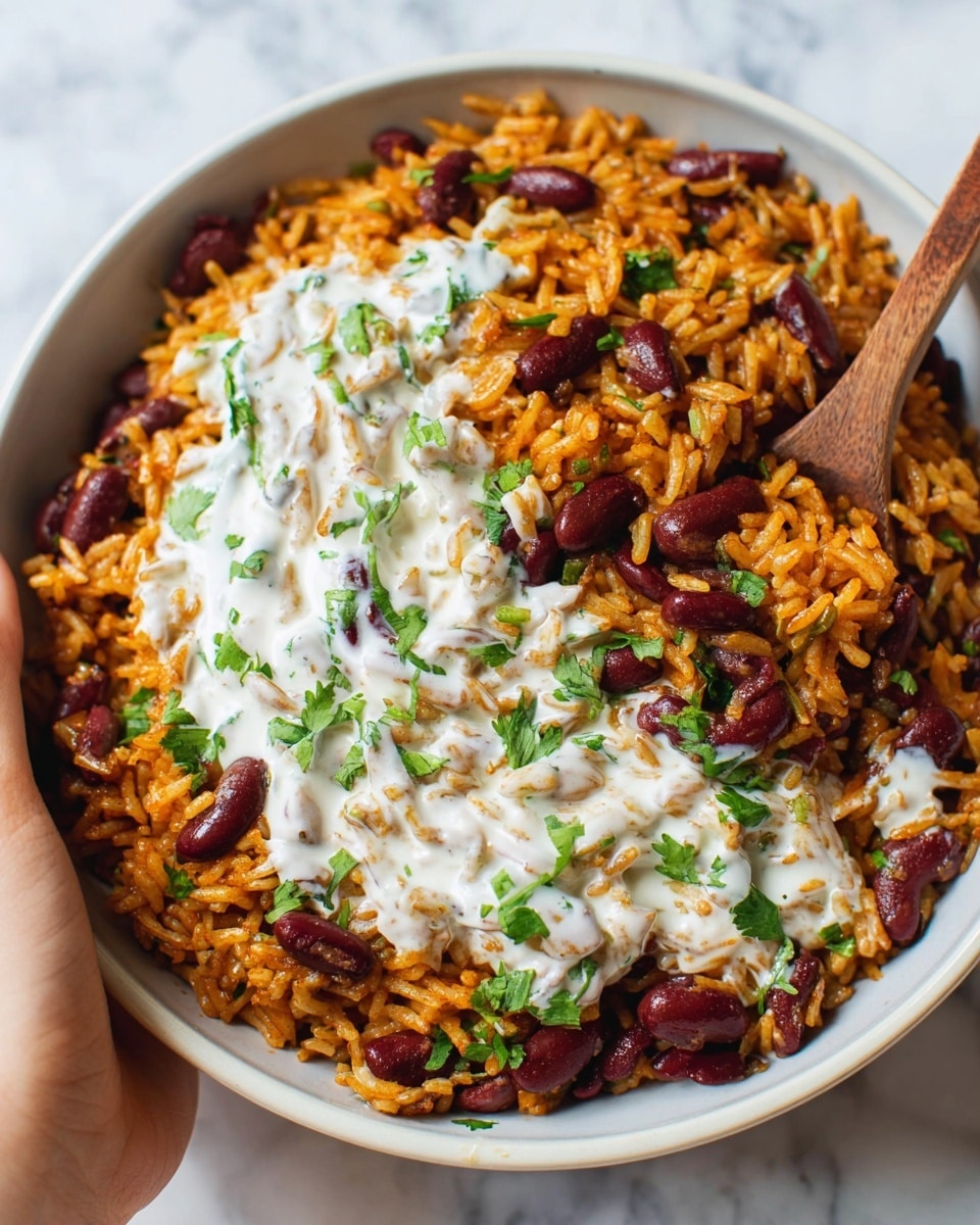 In a white bowl on a white marbled texture, there is a close-up of a rice and kidney bean dish. The dish has two main layers: the base is made of orange-colored rice mixed with dark red kidney beans and small chopped green herbs scattered throughout. On top of this, there is a thick layer of white sauce drizzled unevenly across the center. The rice looks soft and slightly shiny with visible small pieces of cooked onion mixed in. A wooden spoon held by a woman's hand is partially visible gently stirring the bottom right of the bowl. photo taken with an iphone --ar 4:5 --v 7