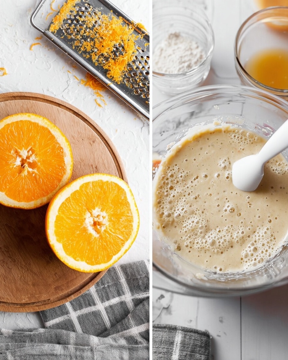 The image shows two close-up views of preparing an orange-flavored mixture. On the left, there is a wooden round board with two orange halves, one flat side facing up showing bright orange fruit inside and the other flat side down. Next to the orange is a metal grater with some orange zest on it. In the background, a glass bowl with beaten egg mix and a gray checkered cloth lie on a white marbled surface. On the right side, a clear glass mixing bowl holds a light beige, slightly bubbly batter being stirred with a white spatula. The batter has some white powder sprinkled on top. The background has a white marbled texture and a gray cloth. photo taken with an iphone --ar 4:5 --v 7
