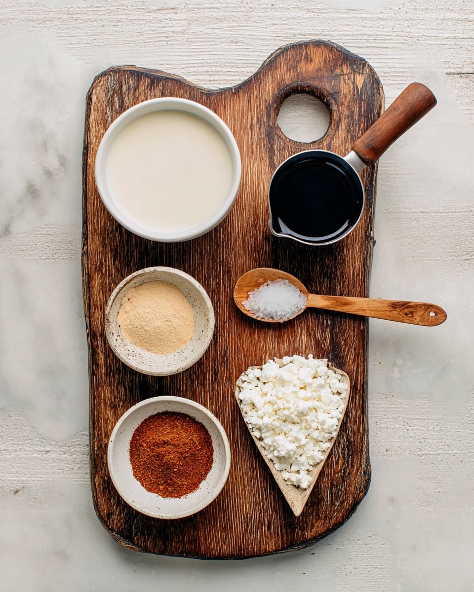 The image shows a top-down view of six ingredients arranged on a rustic wooden board with a handle, which is placed on a white marbled surface. At the top left, there's a white bowl filled with a smooth off-white liquid. To its right, a small metal pot with a wooden handle contains a very dark liquid. Below the bowl, a small wooden spoon holds a light beige powder. In the center of the board, a small ceramic white bowl is filled with a fine, reddish-brown spice. At the top right, a small white triangular dish contains white granules. At the bottom right, a wooden spoon lays flat and is heaped with a white, crumbly substance. All items are carefully spaced, highlighting their different colors and textures. Photo taken with an iphone --ar 4:5 --v 7