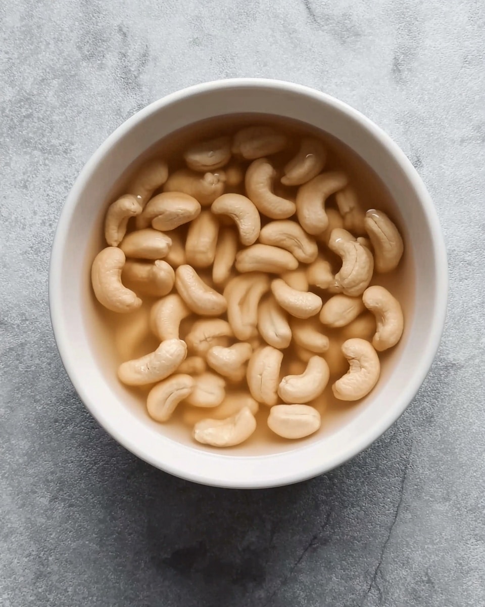 A white bowl is filled with a clear liquid and light beige, soft-looking cashew nuts floating on top. The cashews have a smooth and slightly curved shape, and they cover the surface of the liquid almost evenly. The bowl sits on a white marbled surface which adds some light veins and texture to the background. The overall look is simple and natural with soft colors. photo taken with an iphone --ar 4:5 --v 7